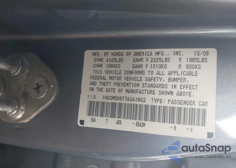 2007 Honda Accord 2.4 Ex z USA, uszkodzony, nr VIN 1HGCM56877A041842